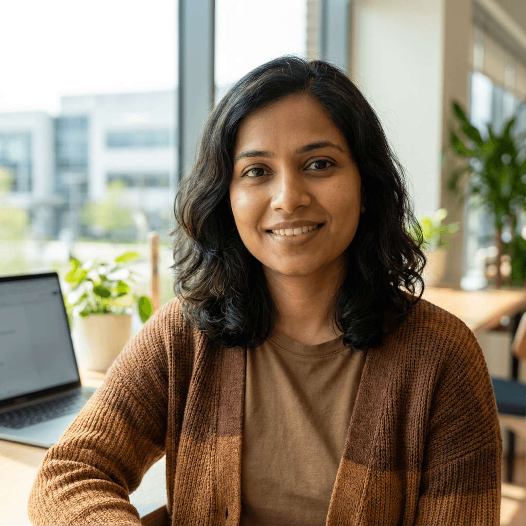 Female healthcare worker in her mid 30s, South Asian, smiling