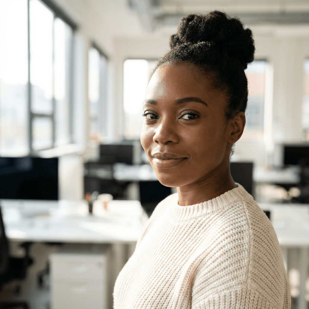 Female professional in her late 20s, Black, friendly
