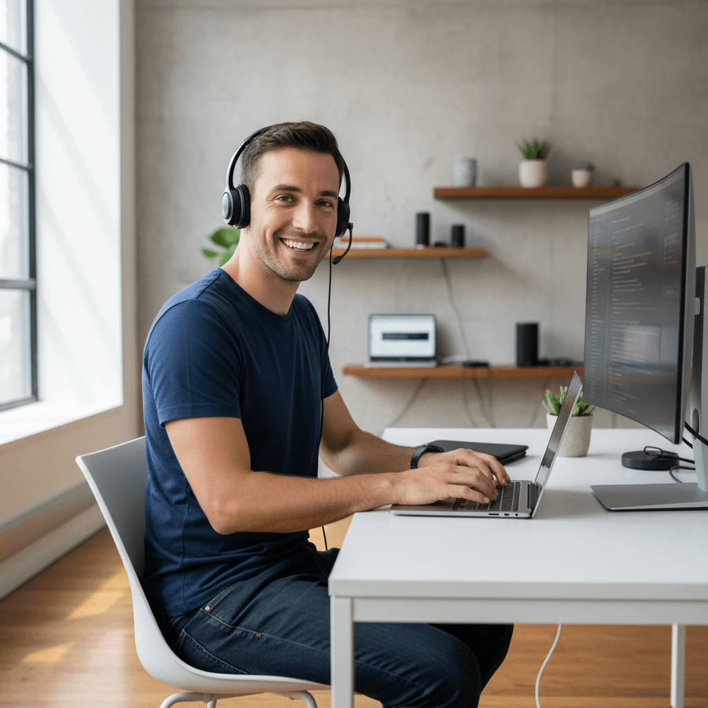 Smiling male developer with headset working on a laptop in a modern office