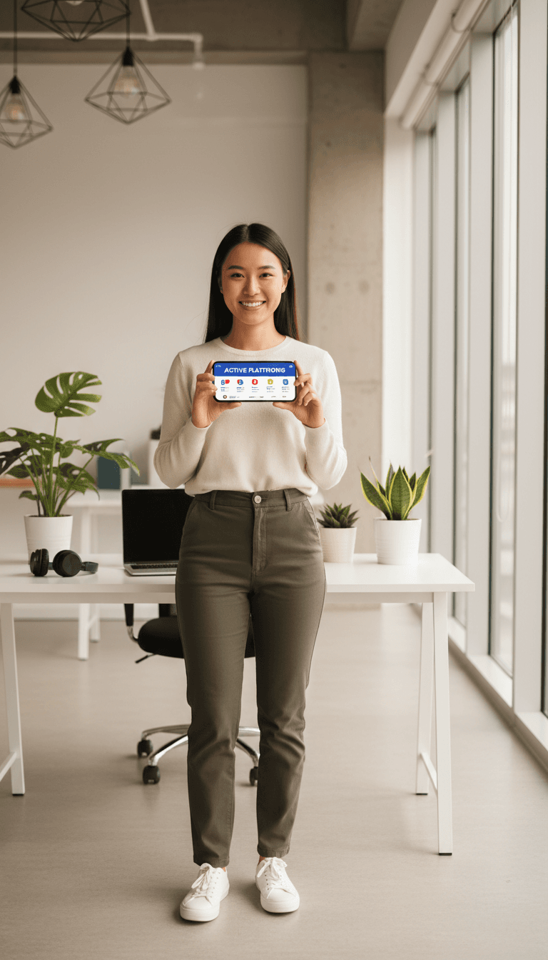 Person holding a smartphone and talking on a call in a bright modern office