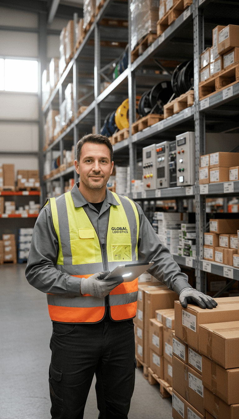 Warehouse employee in safety vest standing in front of stocked electrical equipment shelving, holding tablet