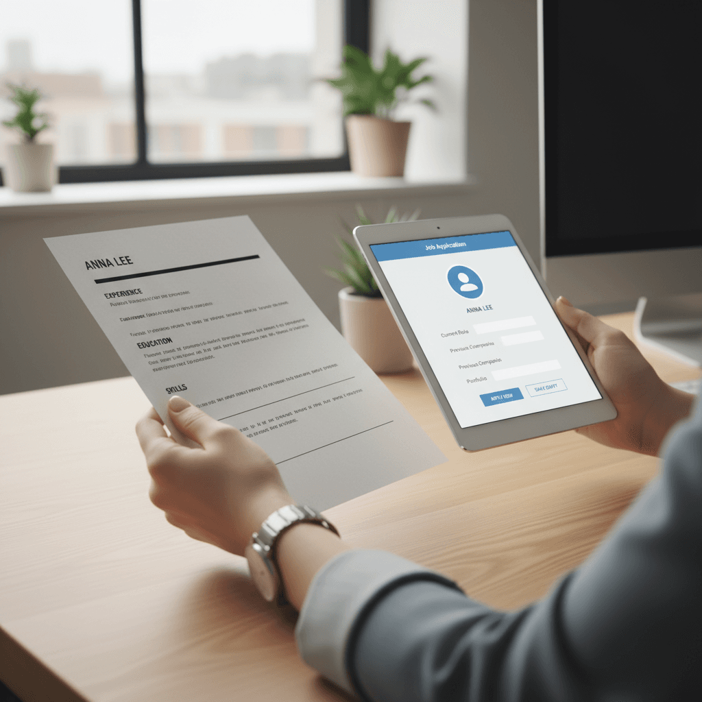 Professional hands holding resume and tablet showing job application interface on clean minimalist desk