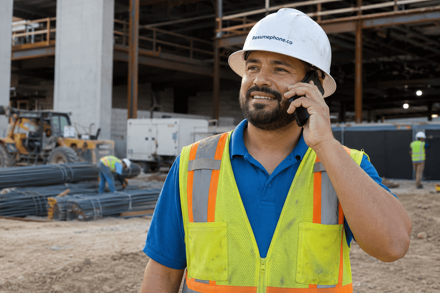 Smiling construction worker in a white hard hat and safety vest talks on a phone.