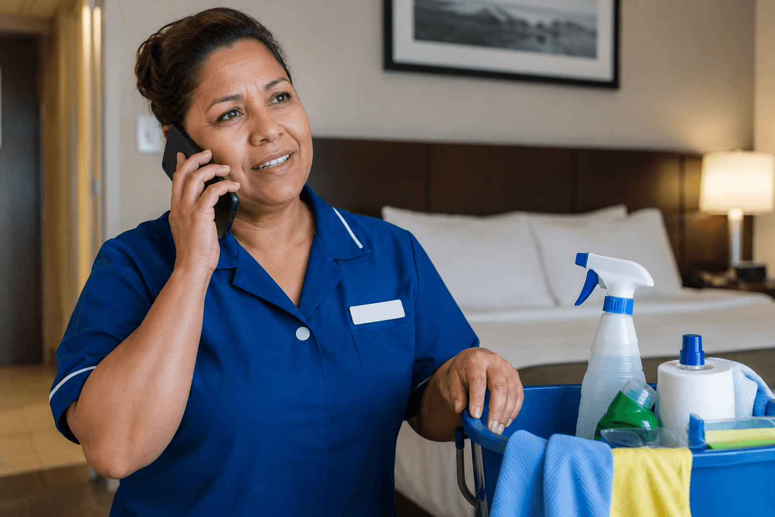 Smiling hotel housekeeper in blue uniform talking on a phone next to cleaning supplies.
