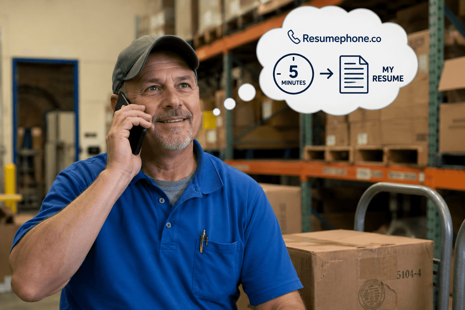 Warehouse worker on a phone call, imagining a five-minute resume service from Resumephone.co.