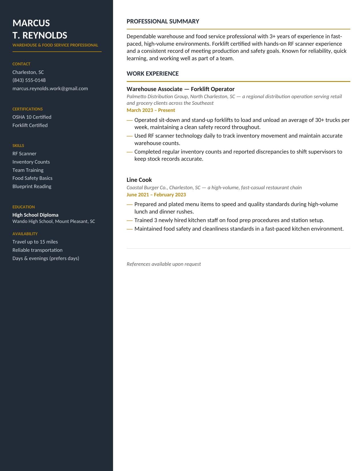 Professional resume for Marcus T. Reynolds, highlighting his warehouse and food service industry experience.